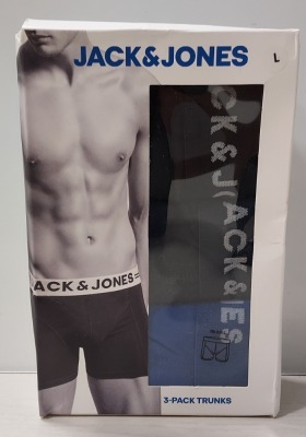 10 X THREE PACKS OF JACK AND JONES BOXER SHORTS - IN BLACK - NAVY - BLUE - SIZES INCLUDE 8 LARGE - 1 XXLARGE - 1 MEDIUM - RRP £22 - IN ONE TRAY - TRAY NOT INCLUDED