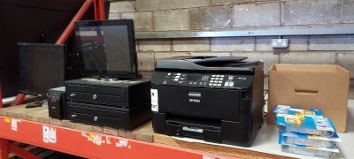 MISC IT LOT ON HALF A SHELF IE. DIGIPOS SCREEN, 2 DIGIPOS CASH DRAWERS, EPSON WP-4535 PRINTER WITH 6 PACKS OF INK, DELL MONITOR & APC SMART UPS 750