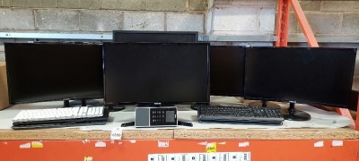 MISC 16 PC IT LOT IE. 9 ASSORTED MONITORS - 7 X SAMSUNG CURVED, 1 X LG, 1 X HUWAI 6 ASSORTED KEYBOARDS - 3 TRUST, 1 X DELL, 1 X LOGIC, 1 X LENOVO PLUS A TIME MOTO TM-616 DIGITAL CLOCKING IN MACHINE