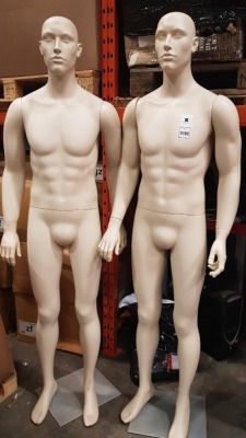 2 X MALE MANNEQUINS - HEIGHT 1.87M - WIDTH 48CM - WITH STANDS ( NOTE SOME MARKS AND SCRATCHES OTHERWISE IN COMPLETE WORKING CONDITION)