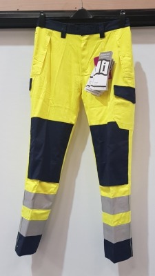 72 X PIECE BRAND NEW ANTI - STATIC MODA FLAME RESISTANT HI-VIS TROUSERS IN YELLOW/NAVY ALL IN SIZE MEDIUM IN 3 BOXES
