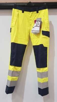 72 X PIECE BRAND NEW ANTI - STATIC MODA FLAME RESISTANT HI-VIS TROUSERS IN YELLOW/NAVY ALL IN SIZE MEDIUM IN 3 BOXES