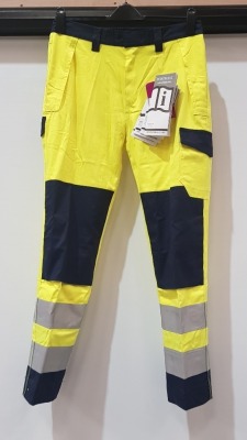 72 X PIECE BRAND NEW ANTI - STATIC MODA FLAME RESISTANT HI-VIS TROUSERS IN YELLOW/NAVY ALL IN SIZE MEDIUM IN 3 BOXES