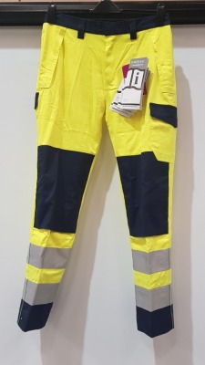 72 X PIECE BRAND NEW ANTI - STATIC MODA FLAME RESISTANT HI-VIS TROUSERS IN YELLOW/NAVY ALL IN SIZE MEDIUM IN 3 BOXES