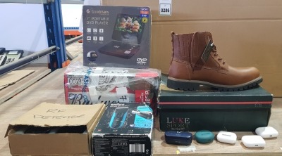 10 X MIXED LOT CONTAINING GOODMANS 7 PORTABLE DVD PLAYER - BRAND NEW LUKESPORT BOOTS SIZE UK 11 IN TAN - SERIES 3 PROSKIN SHAVER - 5 MIXED BLUETOOTH HEADPHONES - RF DETECTOR - CANS OF BUDWEISER BEER