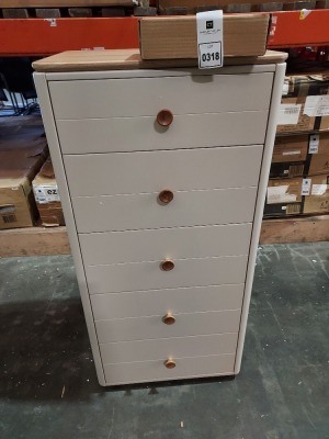 1 X 5 DRAWER MARLOW TALL CHEST - IN CASHMERE OAK COLOUR - ( L 56 CM X D 45 CM X H 140 CM ) (PLEASE NOTE THIS IS CUSTOMER RETURN - TINY CRACK ON TOP LEFT CORNER )