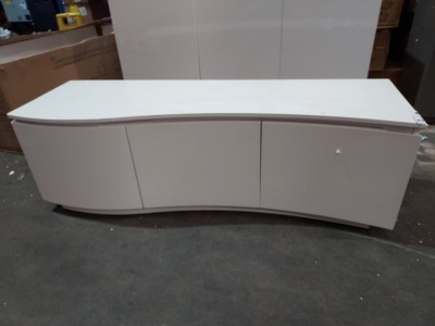 1 X VIDA LIVING GLOSS WHITE CURVED FRONT 3 DOOR TV STAND - WITH FRONT LED STRIP - (140 X 45 X 45 CM ) (PLEASE NOTE THIS IS CUSTOMER RETURN - DAMAGE ON PANEL RIGHT SIDE BOTTOM