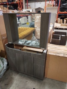 2 PIECE BRAND NEW MIXED MIXED BATHROOM LOT CONTAINING 4 DOOR 2 DRAWER VANITY UNIT ( W 100 ) 2 DOOR ILLUMINTAED MIRROR WALL HUNG CABINET ( W 100 ) ALL IN AVOLA GREY