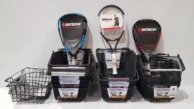 22 X BRAND NEW MIXED LOT CONTAINING 14 BASIL REAR BASKETS FOR BIKES - 7 SQUASH RACKETS - 1 WILSON TENNIS RACKET WHICH IS WORTH RRP £49.99