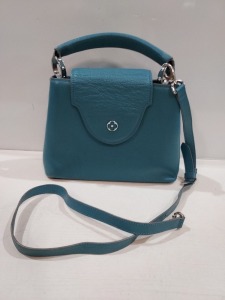 1 X TEAL COLOURED LEATHER LIKE HAND BAG - ( LOUIS VUITTON