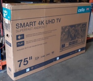 1 X 75 INCH CELLO SMART 4K UHD TV SUPERFAST ANDROID 7 ( GRADE A REFURBISHED)