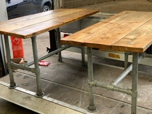 2 WOODEN TABLES WITH METAL PIPE LEGS & A BUFFOLA SOUP KETTLE ***PLEASE NOTE ASSETS LOCATED IN CROYDON AND WILL REQUIRE COLLECTION IN PERSON BY FRIDAY 21ST JUNE TO AVOID STORAGE CHARGES***