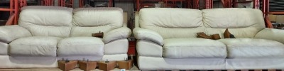 2 X 2 SEATER CREAM LEATHER SOFAS - NOTE USED/ BEEN STORED FOR A LONG TIME - 1 SIZE 210CM LENGTH X 90CM HEIGHT - 1 IN SIZE 170 CM HEIGHT X 90 CM