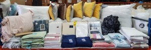 150 X PIECE BRAND NEW MIXED BEDDING LOT TO INCLUDE SERENE SINGLE DUVET COVER SETS -- SINGLE BED FITTED SHEETS - DESIGN DOUBLE DUVET COVER SET - ROSA VALENTINO DOUBLE DUVET COVER SET - BELLE MAISON CUSHIONS - MUSBURY TOWELS - DEYONGS TOWELS - ETC