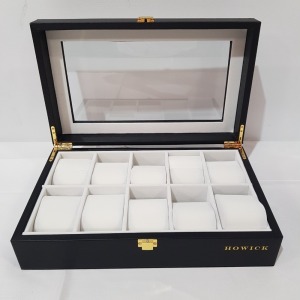 36 X BRAND NEW HOWICK 10 SLOT WATCH BOX IN LEATHER LOOK SIZE 34X21X10CM IN 6 BOXES