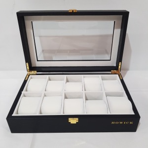 36 X BRAND NEW HOWICK 10 SLOT WATCH BOX IN LEATHER LOOK SIZE 34X21X10CM IN 6 BOXES