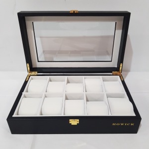 36 X BRAND NEW HOWICK 10 SLOT WATCH BOX IN LEATHER LOOK SIZE 34X21X10CM IN 6 BOXES