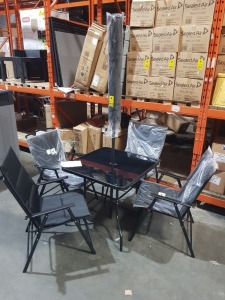 1 X BRAND NEW 6 PIECE SHANGHAI DINING SET ALL IN BLACK CONTAINING 80 X 80CM TABLE - WITH FOUR FOLDABLE CHAIRS AND ONE PARASOL