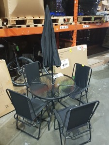 1 X 6 PIECE OXFORD PATIO SET CONTAINING AN 80 CM DIAMETER TABLE - FOUR FOLDABLE CHAIRS AND ONE PARASOL ALL IN BLACK IN ONE BOX