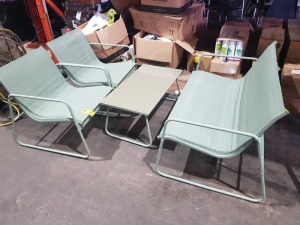 1 X STUDIO 4 PIECE GARDEN FURNITURE SET INCLUDING 2 LIGHT GREEN CHAIRS - 1 TWO SEATER LIGHT GREEN SOFA AND ONE TABLE - SOFA LENGTH 114CM - WIDTH 70CM - HEIGHT 73CM - TABLE 85CM X 45CMX38CM