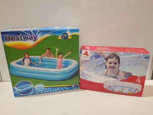 8 X BRAND NEW MIXED SWIMMING POOL LOT CONTAINING 7 X BESTWAY 103 SPLASH AND PLAY LARGE FAMILY POOLS IN TWO BOXES AND ONE LOOSE - 1 X JLONG OCEAN FUN 3 - RING POOL