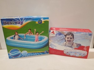 8 X BRAND NEW MIXED SWIMMING POOL LOT CONTAINING 7 X BESTWAY 103 SPLASH AND PLAY LARGE FAMILY POOLS IN TWO BOXES AND ONE LOOSE - 1 X JLONG OCEAN FUN 3 - RING POOL