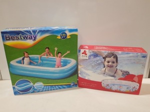 8 X BRAND NEW MIXED SWIMMING POOL LOT CONTAINING 7 X BESTWAY 103 SPLASH AND PLAY LARGE FAMILY POOLS IN TWO BOXES AND ONE LOOSE - 1 X JLONG OCEAN FUN 3 - RING POOL