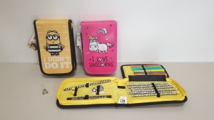 30 X BRAND NEW YELLOW / PINK DESPICABLE ME 3 - FILLED PENCIL CASES IE. MARKERS, PENCILS, RULER, RUBERS ETC..