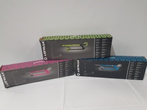 12 X AIRWALK IGNITE SCOOTERS INCLUDING 10 X GREEN AND BLACK SCOOTERS - 1 X PINK SCOOTER - 1 X BLUE SCOOTER - SLIGHT DAMAGE TO BOXES