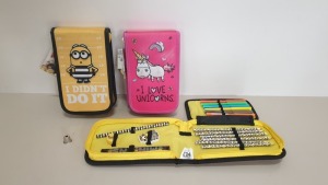30 X BRAND NEW YELLOW / PINK DESPICABLE ME 3 - FILLED PENCIL CASES IE. MARKERS, PENCILS, RULER, RUBERS ETC..