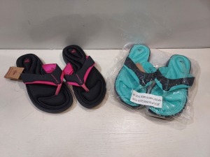 24 X BRAND NEW DUNLOP FLIP FLOPSIN SIZE 8 CONTAINING 12 JADE AND NAVY FLIP FLOPS - 12 BLACK AND FUSCHIA FLIP FLOPS - IN TWO TRAYS - TRAYS NOT INCLUDED