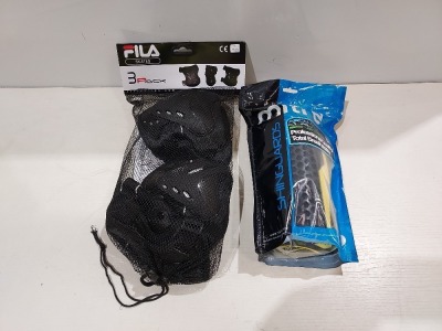 32 X BRAND NEW MIXED LOT CONTAINING 20 X PACKS OF THREE FILA SKATE MEDIUM PROTECTION PADS - 12 MITRE XLARGE SHINPADS