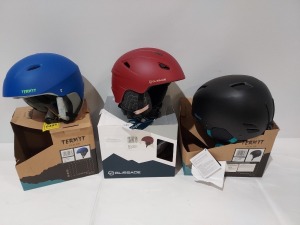 23 X MIXED HELMET LOT CONTAINING 3 X TERMIT ITS ALL RIDE HELMETS IN SIZE SMALL - 20 X GLISSADE HELMETS IN BORDEAUX IN SIZES SMALL AND MEDIUM