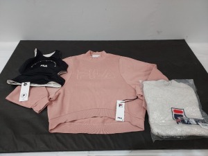 10 X BRAND NEW MIXED LOT CONTAINING 7 X DESIGNER LADIES FILA BACK SPORTS TOP BRA SETS IN BLACK SIZES INCLUDE 2 XS , 2 S , 2 M , 1 L - 3 X WOMENS FILA NECK SWEATSHIRTS - ONE IN ULTRA MARL SIZE XS - 2 IN MISTY ROSE SIZE L - TOTAL RRP £330 - IN ONE TRAY - T