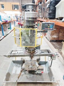 BRIDGEPORT MILLING MACHINE WITH 42 BED AND VARIABLE SPEED HEAD, 3 PHASE, DIGITAL READOUT, SPILL SHELF, S/N 33352 NO PLATE ON MACHINE