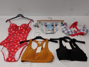 24 X BRAND NEW MIXED WOMENS SWIMWEAR THIS INCLUDES LEPEL FLORAL SWIMSUIT SIZE UK 12 - JODIE BIKINI IN MULTICOLOURED CHEQUERED SIZE UK 16 - CHERRY KOKO COGNAC WAFFLE CROP TOP IN SIZE MEDIUM/LARGE - LEPEL CHEQUERED BIKINI BRA SIZE UK 14 ETC ON RACK