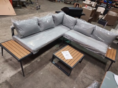 1 X STUDIO ARUBA CORNER SOFA SET WITH TABLE IN LIGHTWOOD - GREY CUSHIONS - 3 SEATER - 227X69.5X62.5CM 2 SEATER - 160X69X63CM TABLE - 69X60X32.5CM PLEASE NOTE LEGS ON SOFA ARE NOT ORIGINAL