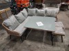 1 X STUDIO GRANADA CORNER SOFA SET IN NATURAL TAUPE WITH GLASS TOP TABLE - WITH 2 STOOLS 3 SEATER - 204X71X79CM 2 SEATER - 136X71X79CM TABLE - 108X108X68.5CM PLEASE NOTE CUSTOMER RETURNS DUE TO MINOR SCUFF UNDERNEATH GLASS TABLE