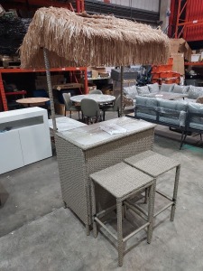 1 X BRAND NEW BOXED STUDIO TIKI 3 PIECE RATTAN BAR SET - IN GREY - BAR CHAIRS X2 - 40X40X71CM BAR TABLE - 101X58X210CM