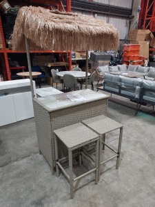 1 X BRAND NEW BOXED STUDIO TIKI 3 PIECE RATTAN BAR SET - IN GREY - BAR CHAIRS X2 - 40X40X71CM BAR TABLE - 101X58X210CM