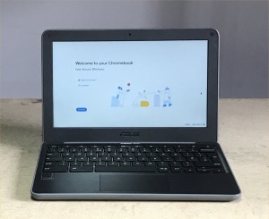 ASUS C202XA CHROMEBOOK WITH INTEL CELERON N3060 CPU, 4GB RAM, 32GB EMMC, (DATA WIPED WITH CHROME OS INTACT), GOOD BATTERY (NO CHARGER)