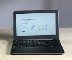 ASUS C202XA CHROMEBOOK WITH INTEL CELERON N3060 CPU, 4GB RAM, 32GB EMMC, (DATA WIPED WITH CHROME OS INTACT), GOOD BATTERY (NO CHARGER)