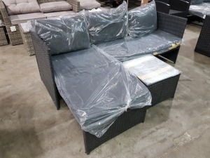 1 X BRAND NEW BOXED STUDIO BALI RATTAN CORNER SOFA SET WITH TABLE - ALL IN BLACK COLOUR OVERALL SIZE 189 CM X 129 CM X 61 CM ( CODE : 982429 ) - BOXES SLIGHTLY DAMAGED