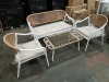 1 X STUDIO MIAMI 4 PIECE CONVERSATION SET TO INCLUDE 1 X 2 SEATER SOFA , 2 X ONE SEATER CHAIRS AND 1 GLASS TOP TABLE - WOOD EFFECT BACK REST AND CREAM COLOURED BASE - NO BOX