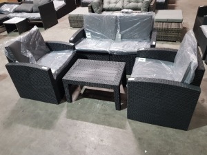 1 X STUDIO ALLIBERT 4 PIECE GARDEN RATTAN SET TO INCLUDE 1 TWO SEATER SOFA / 2 SINGLE SEAT CHAIRS AND 1 TABLE - ALL IN BLACK WITH GREY CUSHIONS - OUT OF BOX - (PRE - BUILT)