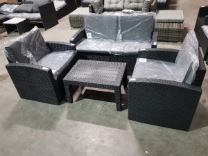 1 X STUDIO ALLIBERT 4 PIECE GARDEN RATTAN SET TO INCLUDE 1 TWO SEATER SOFA / 2 SINGLE SEAT CHAIRS AND 1 TABLE - ALL IN BLACK WITH GREY CUSHIONS - OUT OF BOX - (PRE - BUILT)