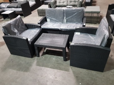 1 X STUDIO ALLIBERT 4 PIECE GARDEN RATTAN SET TO INCLUDE 1 TWO SEATER SOFA / 2 SINGLE SEAT CHAIRS AND 1 TABLE - ALL IN BLACK WITH GREY CUSHIONS - OUT OF BOX - (PRE - BUILT) PLEASE NOTE CHAIR BACK REST CUSHIONS MISSING