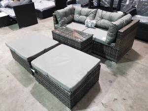 1 X STUDIO 4 PIECE GARDEN RATTAN SET TO INCLUDE 1 X TWO SEATER SOFA / 2 X FOOTSTOOLS / ARMLESS CHAIRS AND 1 X GLASS TOP COFFEE TABLE - IN GREY COLOUR - WITH LIGHT GREY CUSHIONS - NO BOX - (PRE - BUILT)