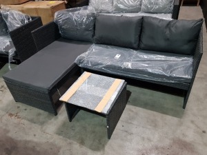 1 X STUDIO BALI RATTAN CORNER SOFA SET WITH GLASS TOP TABLE - IN BLACK COLOUR WITH` GREY COLOURED CUSHIONS - ( PRE BUILT )