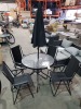 6 PIECE GARDEN PATIO SET CONTAINING 4 X CHAIRS / 1 X ROUND GLASS TOP TABLE AND 1 X UMBRELLA